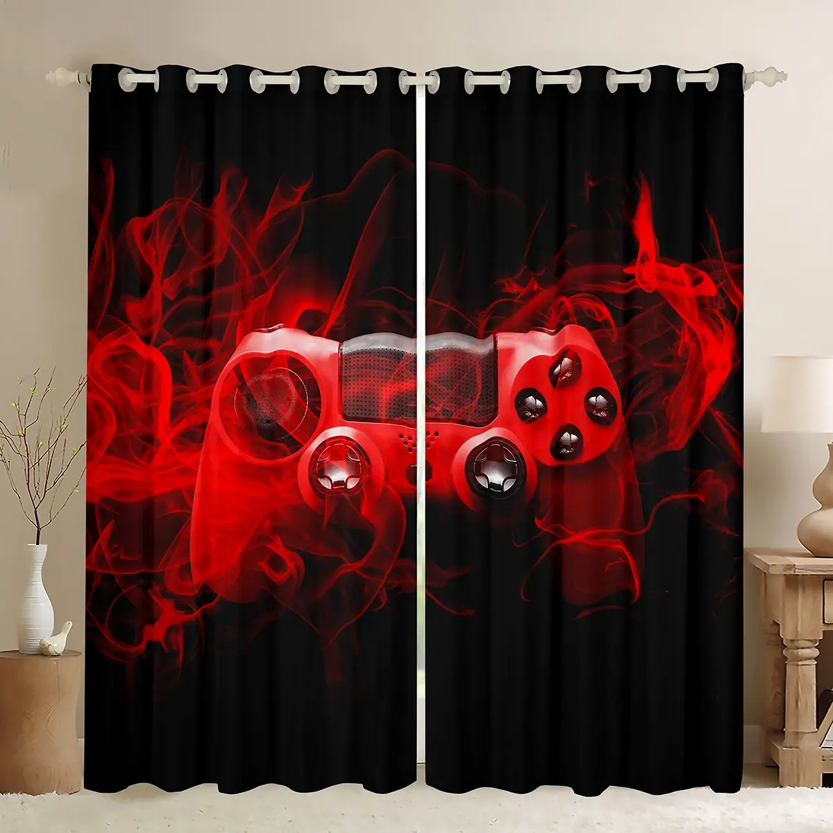 Feelyou 2-Panel Velvet Gaming Curtains - Gamer-Focused Colorful All-Over Print Dark-Colored Blocking Drapes, Red Black Gamepad Design Private Screen Textile Artwork, Easy-Clean Household Window Treatments, Colorful Curtains, All-Over Print Curtains