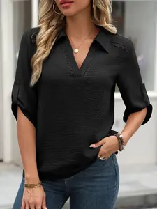 A women's fashionable casual solid color polo top with a hollow-out V-neck and three-quarter sleeves, versatile and suitable for summer, vacations, and daily wear.
