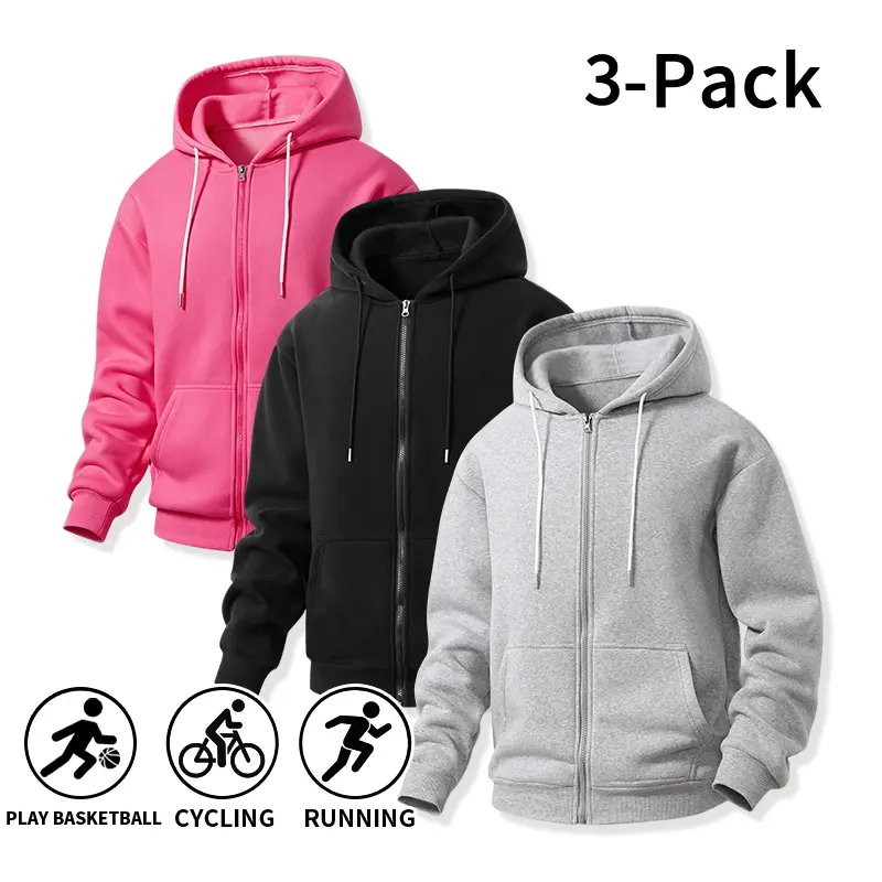 Men’s 3-Pack Basic Zip Hooded Sweatshirts – Pink, Navy, Black, Multicolor; Long Sleeve, Soft Stretch, Lightweight Workout Hoodie for Everyday Autumn Sports Outerwear
