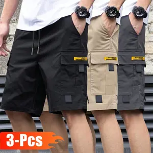 Men’s cargo shorts — solid color, drawstring waist, multiple side flap pockets; versatile, trendy design. 100% polyester. Suitable for outdoor activities, street style, running, and hiking.Summervibes