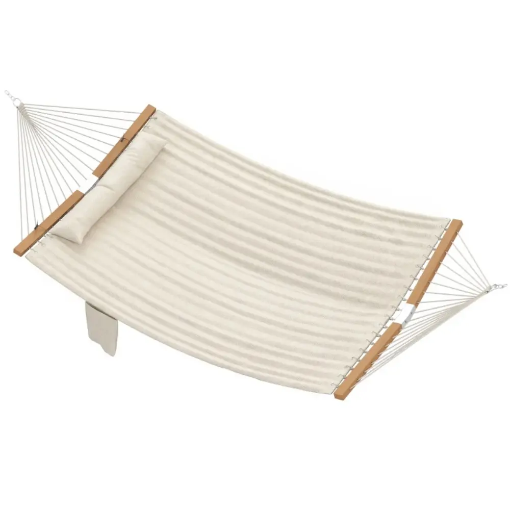 Quilted Double Hammock with Spreader Bar & Adjustable Pillow, 440 lbs Heavy Duty Outdoor Swing Bed with Magazine Pocket for Patio Backyard Balcony, Cream White