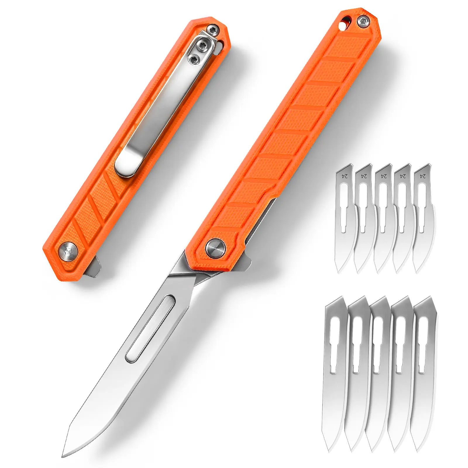 NEXSEN Mini Slim EDC Utility Knife, Folding Pocket Cutter with G10 Handle, Pocket Clip, Replaceable Blades, Compact Gadget Tool (Orange)
