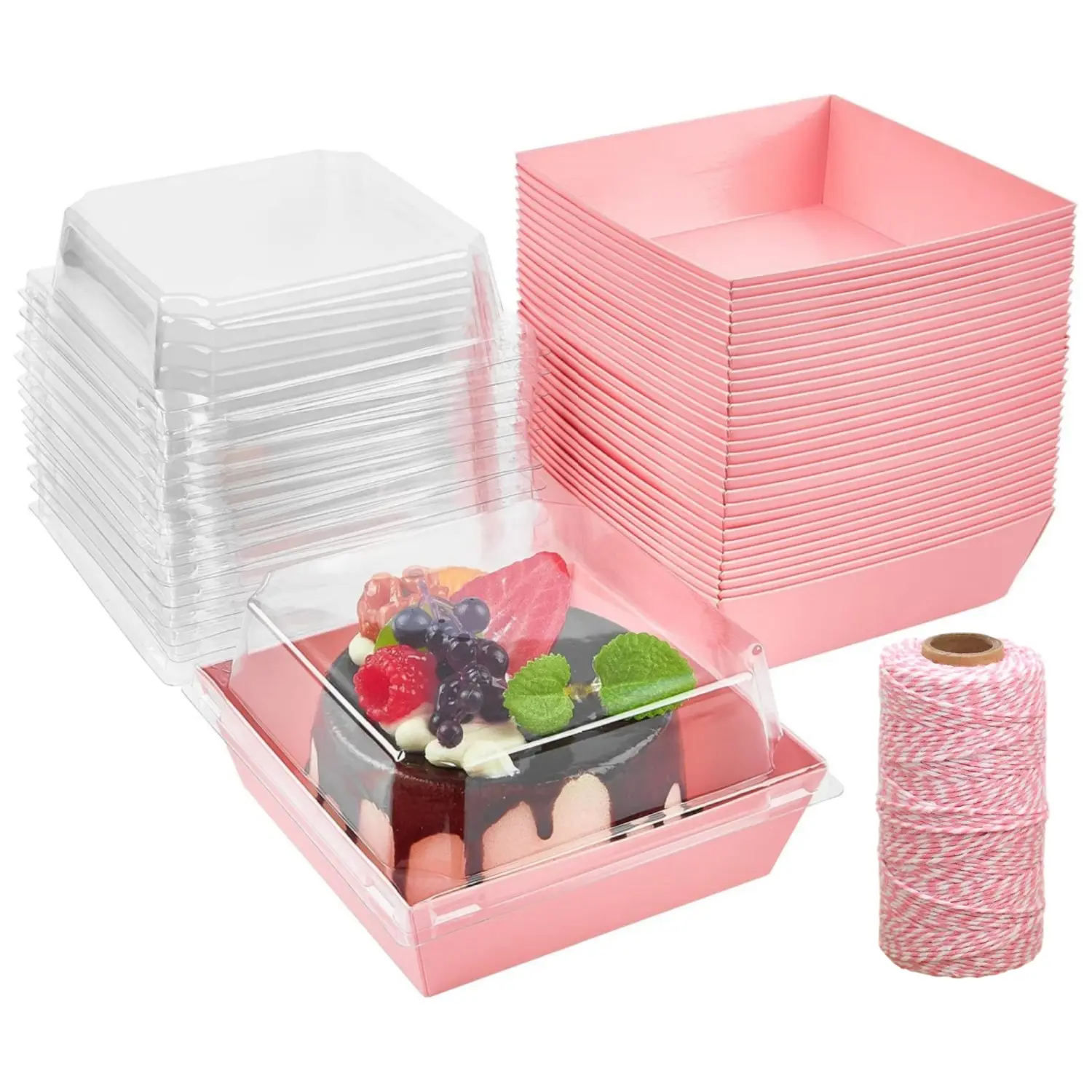 50 Pack Small Charcuterie Boxes with Clear Lids, 4 Inch Paper Bakery Boxes Dessert Boxes Disposable To Go Food Containers for Cookie, Cake Slice, Mini Cake, Chocolate Strawberry (Pink)