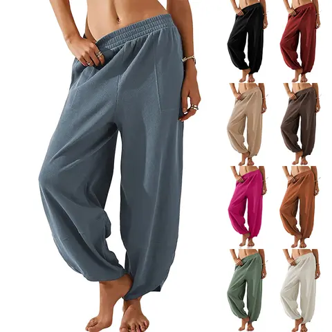 Kingapril Women's Cotton Cropped Baggy Wide-Leg Pants - Casual Elastic-Waisted Palazzo Pants with Pockets, Suitable for Beach, Pair with Wrap Shirts, Flat Shoes or Belts, Year-Round Everyday Wear