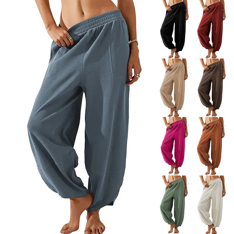 Kingapril Women's Cotton Cropped Baggy Wide-Leg Pants - Casual Elastic-Waisted Palazzo Pants with Pockets, Suitable for Beach, Pair with Wrap Shirts, Flat Shoes or Belts, Year-Round Everyday Wear