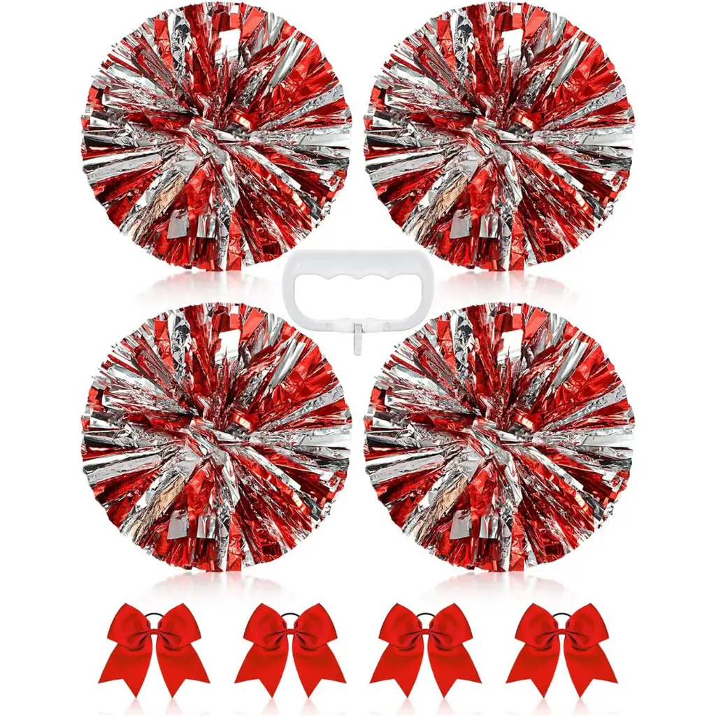 Jaxine 8 Pcs Metallic Cheerleading Pom Pom Set with Hair Bows | Red