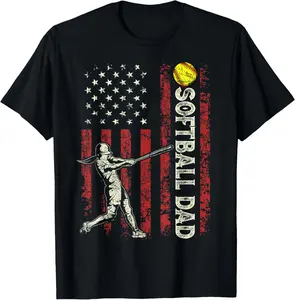 100% Cotton Softball Dad US Flag Gifts For Dad Men Patriotic Fathers Day T-Shirt