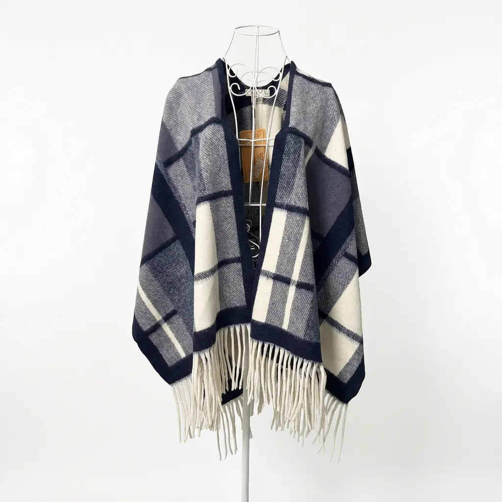 Vselectstudio #40 Blue Plaid Poncho Shawl Wrap for Women Elegant Check Pattern Cape Shawl Stylish Fringe Poncho Wrap Soft Winter Shawl Casual Fashion Wrap Travel Fall Winter Layering Cape outfit