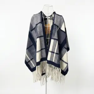 Vselectstudio #40 Blue Plaid Poncho Shawl Wrap for Women Elegant Check Pattern Cape Shawl Stylish Fringe Poncho Wrap Soft Winter Shawl Casual Fashion Wrap Travel Fall Winter Layering Cape outfit