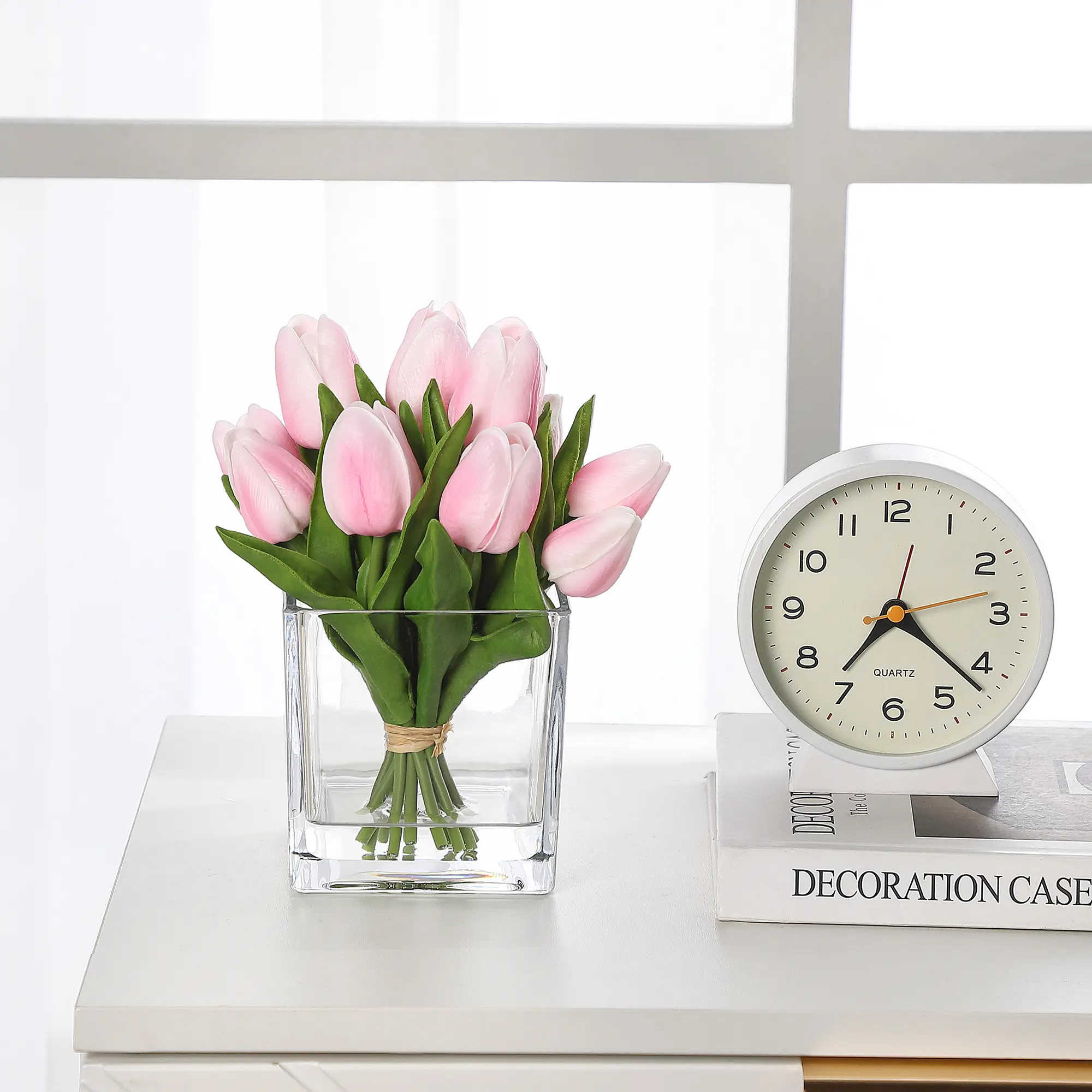 Artificial Tulips with Glass Vase, Faux Tulip Flower with Faux Water, Fake Flower Arrangement in Vase for Wedding, Home Table Centerpiece Decor