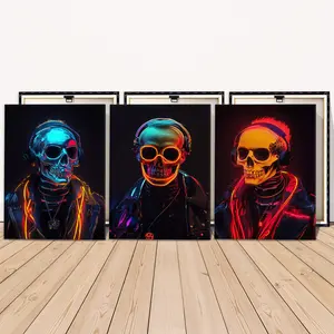 3 Counts Wooden Framed Canvas Painting, Neon Cyberpunk Skull And Headphones Art, Exquisite Poster, Perfect Living Room Decoration, Modern Art, Fashion Family Poster, Wall Art Decoration, Waterproof Art