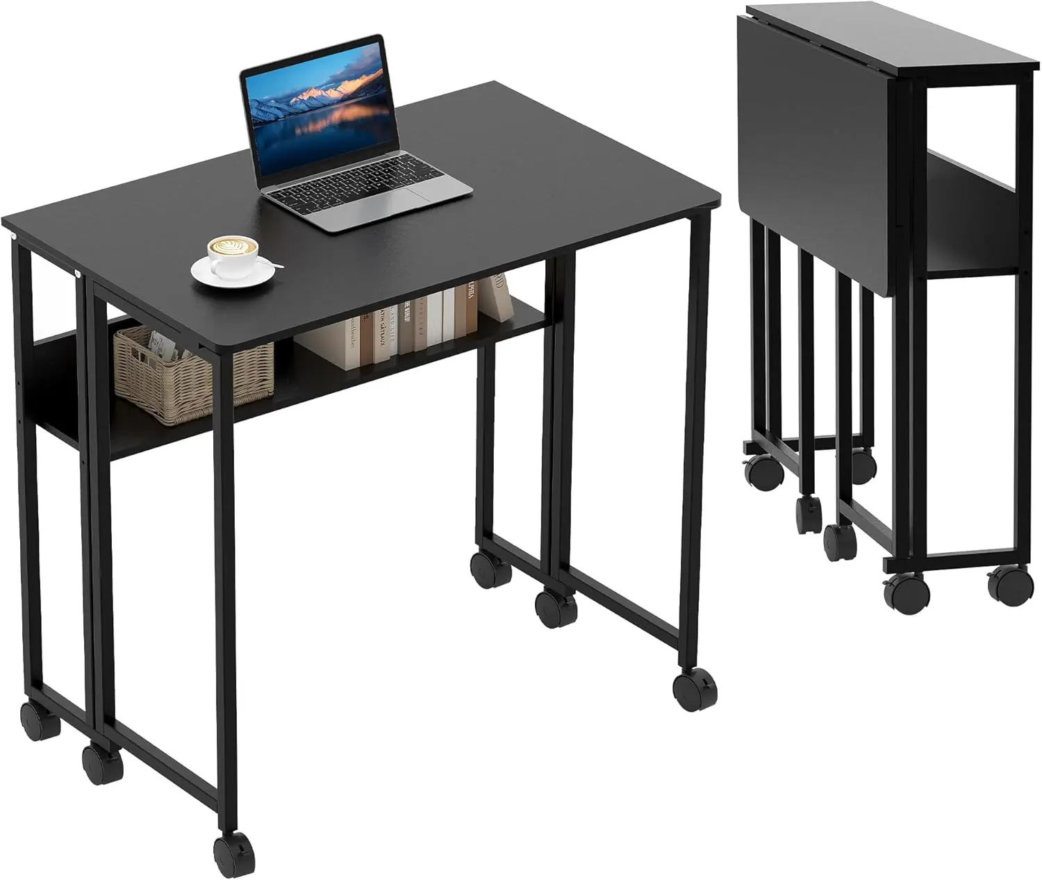 24.8 in Modern Foldable Sturdy Wheel Desk - Office Furniture with Storage Shelf, Steel Base, Easy Setup, Lightweight Adjustable Ergonomic Desk for Small Space Home Office, Sturdy Desks, Wheel Desks