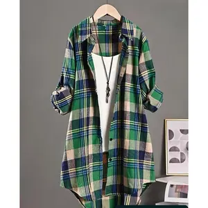Plus Size Plaid Print Front Button High-Low Hem Shirt, Autumn Women's Fashion, Casual Fashion Simple Long Sleeve Stand Collar Top, Suitable for Spring and Autumn, Women's Daily Wear Clothing, Women's Clothing, Fitted Shirt5211