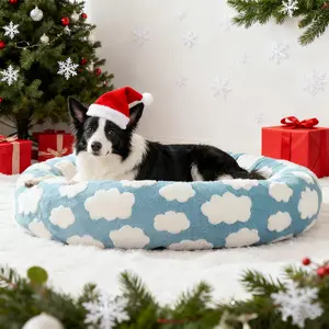 Donut Bed for Medium Dogs in Multiple Sizes, Round Calming Indoor Pet Bed with Removable Cover, Plush Jacquard Fabric & Non-Skid Base, Blue