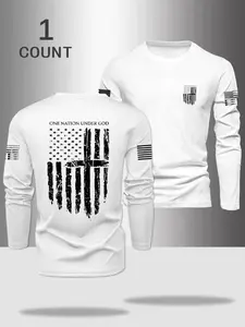 Minimalist USA Flag Back Print Fitted Long Sleeve | Vintage Patriotic Crew Neck Graphic Shirt | Breathable Comfortable Fabric for Streetwear Looks & All-Day Casual Wear
