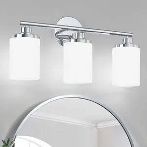 Bathroom Light Fixtures,3-Light Chrome Vanity Lights,Bathroom Lights Over Mirror,Mid-Century Modern Wall Sconces with Frosted Glass Shades for Bathroom,Living Room