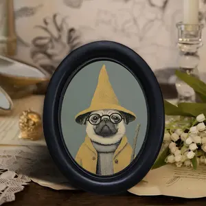 Vintage Witch Pug Dog Decorative Painting, Unique Artistic Oval Wall Hanging, Fun Animal Decoration for Living Room Entryway, Gift