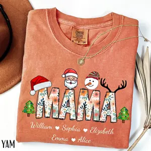 Comfort Colors Christmas Mama Kids Name Shirt, Custom Xmas Mama Shirt, Personalized Mama Christmas Graphic Tees, Christmas Holiday Nana Shirt