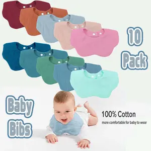 DOSMINE 10 Pack Baby Bibs Soft Absorbent Organic Cotton Muslin Bibs for Drooling and Teething with Adjustable 2 Snap Closures for Newborn to 36 Months