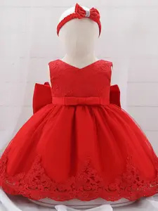 Red Baby Girl Clothes with Headband Big Bow Christening Cocktail Toddler Baptism Pageant Ball Gown Princess Dress for all Season 3 Months to 2 Years