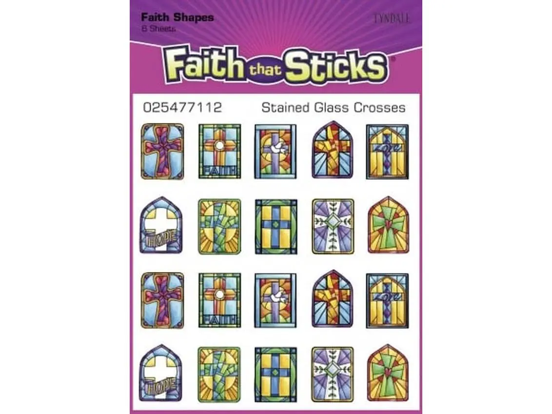 Tyndale House Publishers Stained Glass Cross Stickers - 6 Sheets, 20 Stickers per Sheet, ½½ X ¾ In., Beautifully Colored, Silver Foil Edges, for Children's Easter Crafts, Sunday School Papers