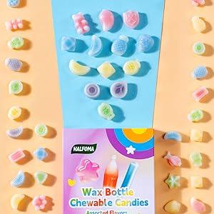 Halfoma Wax Bottle Chewable Candy, with Various Fruit-flavored Syrups in the Middle, Boxed, 58g, 32 Candies