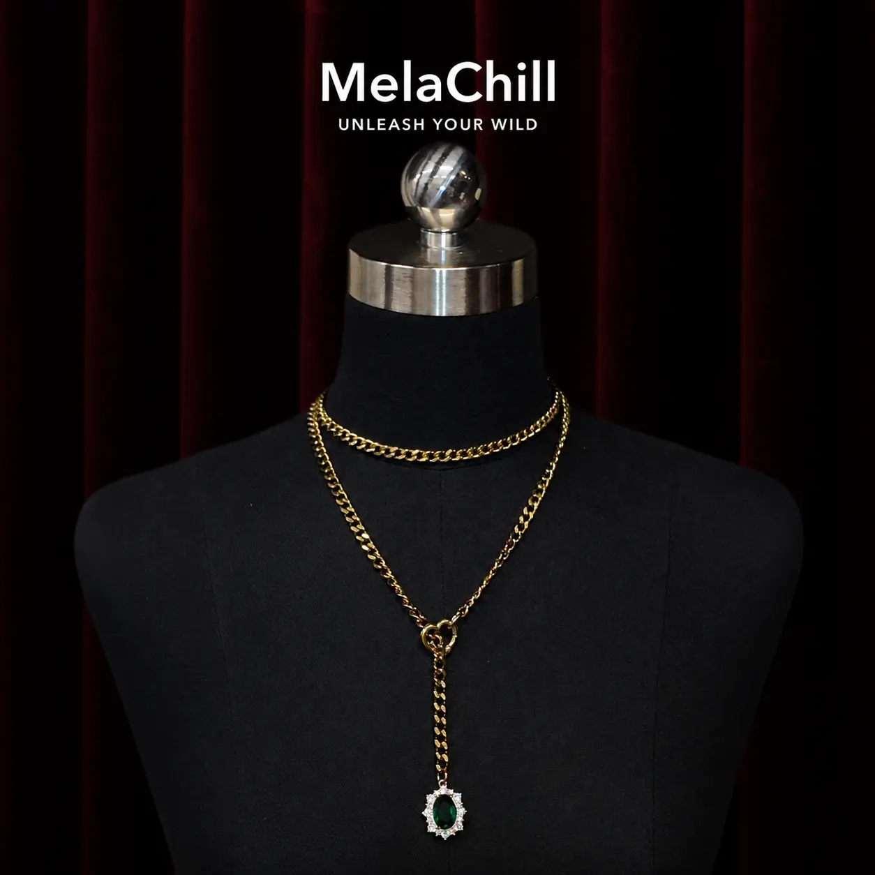 Gold Double Chain Emerald Drop Lariat Choker Necklace | Heart Connector Green Gem Pendant Collar