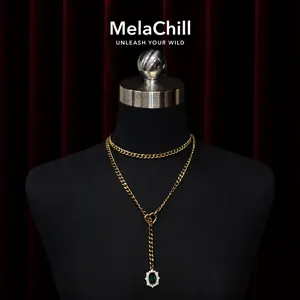 Gold Double Chain Emerald Drop Lariat Choker Necklace | Heart Connector Green Gem Pendant Collar