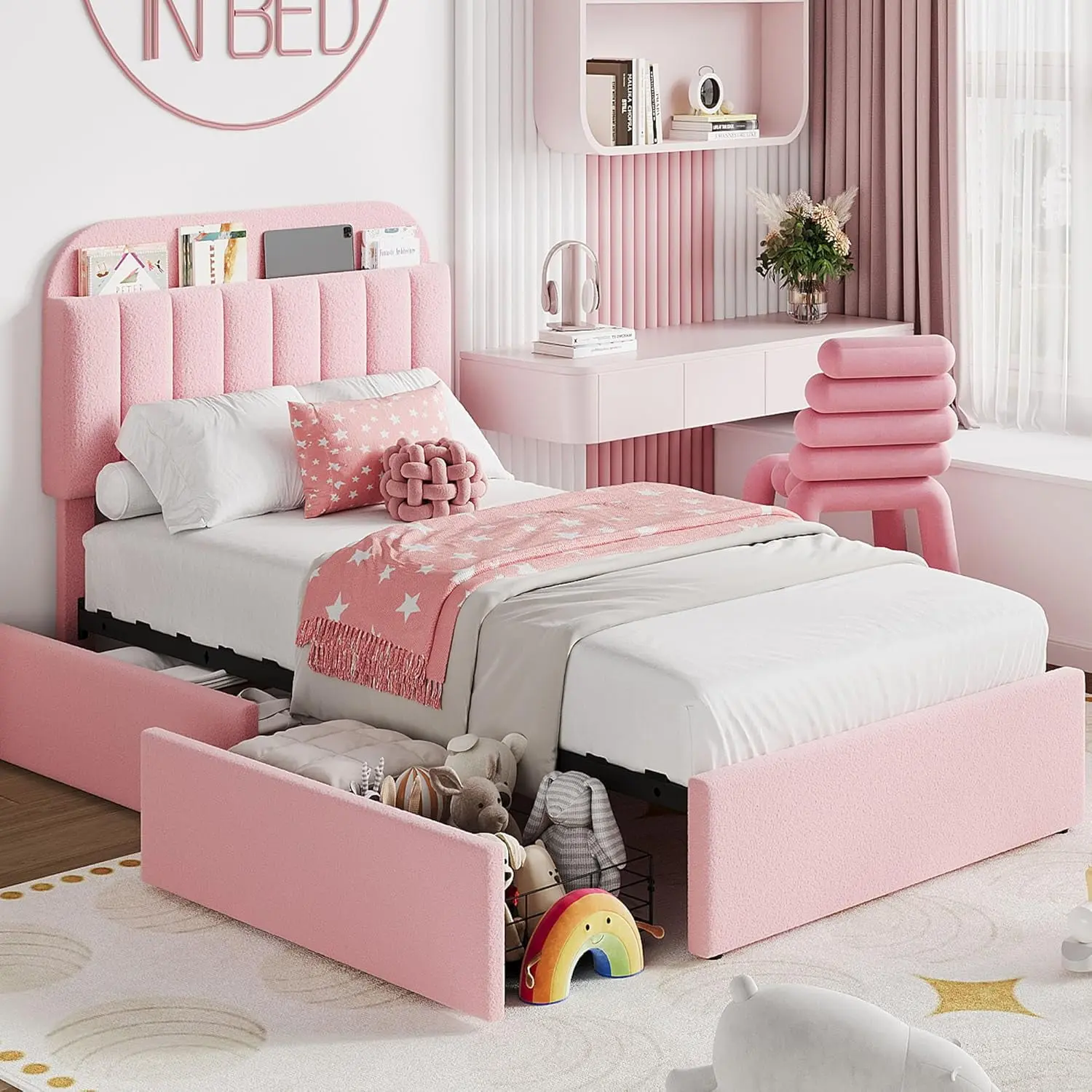 Gaomon Twin Fit Boucle Fabric Bedroom Bedframe - Upholstered Durable Metal Frame with Storage Headboard, 2 Drawers, Bookcase, Quick Setup, No Box Spring Needed, Assembly Required, Blush Pink Indoor Furniture for Bedroom, Storage Organization