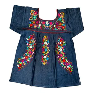 Hand Embroidery Mexican Denim Shirt Traditional Wearable Blouses with Colorful Floral Embroidery in Various Sizes