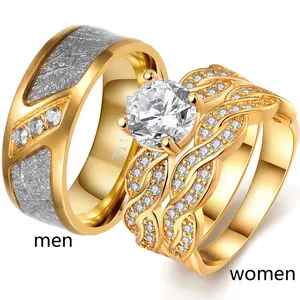 Ringcrown Couple Rings Matching Rings Round Cut 1.5 CT AAA Cz Yellow Gold Plated 2pcs Women Wedding Ring Sets For Him And Her Ring Sets Men Titanium Steel Wedding Band