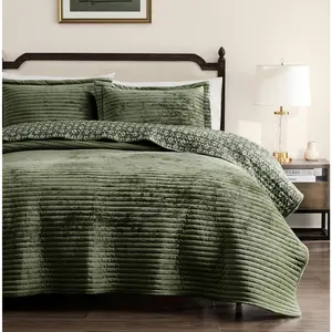 Size Quilt Set - Olive Green Striped Soft Lightweight Bedspread, Dark Green Neutral  Farmhouse Country Rustic Coverlet, Modern Bedding Warm Thin Comforter, 3 count