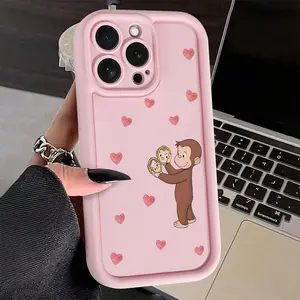 Pink Heart-Shaped Monkey Pattern Case for iPhone 17 Pro Max 16 16e 15 14 Plus 13 12 Mini 11 Air X XS Pattern Soft TPU Rubber Camera Protection Rugged Mobile Phone Cover Gift 2D printing