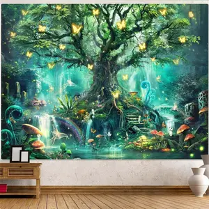 Tapestry  Fantasy Forest Tapestry Green Fairy Magical Tree of Life Tapestries for Bedroom Aesthetic Nature Plant Tapastrys Wall Hanging Mushroom Butterfly Elves Wall Tapestry for Living Room Dorm (48 x 36) living room bedroom decoration Wat