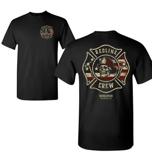 Redline Crew T-Shirt, Firefighter Skull Badge Graphic, 2 Sides, Soft Cotton Blend Shirt, Patriotic Rescue Apparel for Men & Women