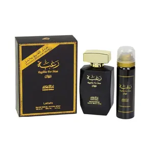 Lattafa Raghba Eau de Parfum for Men with Deodorant 100mL 3.4oz Woody Oriental Scent Vanilla Spices Smoky Woods Resins Oud Amber Musk