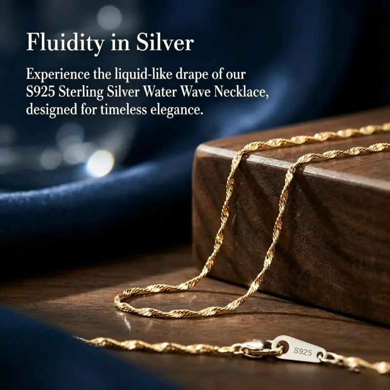 Women's S925 Sterling Silver Water Wave Chain Necklace - Hypoallergenic, Lead-Free, Nickel-Free, Adjustable Gold Clavicle Jewelry for Commute, Birthday Gifting, Layered Wear, Stylish Accessories, Female Wear, Chain Detailing Necklaces, Elegant, Adults, Wa