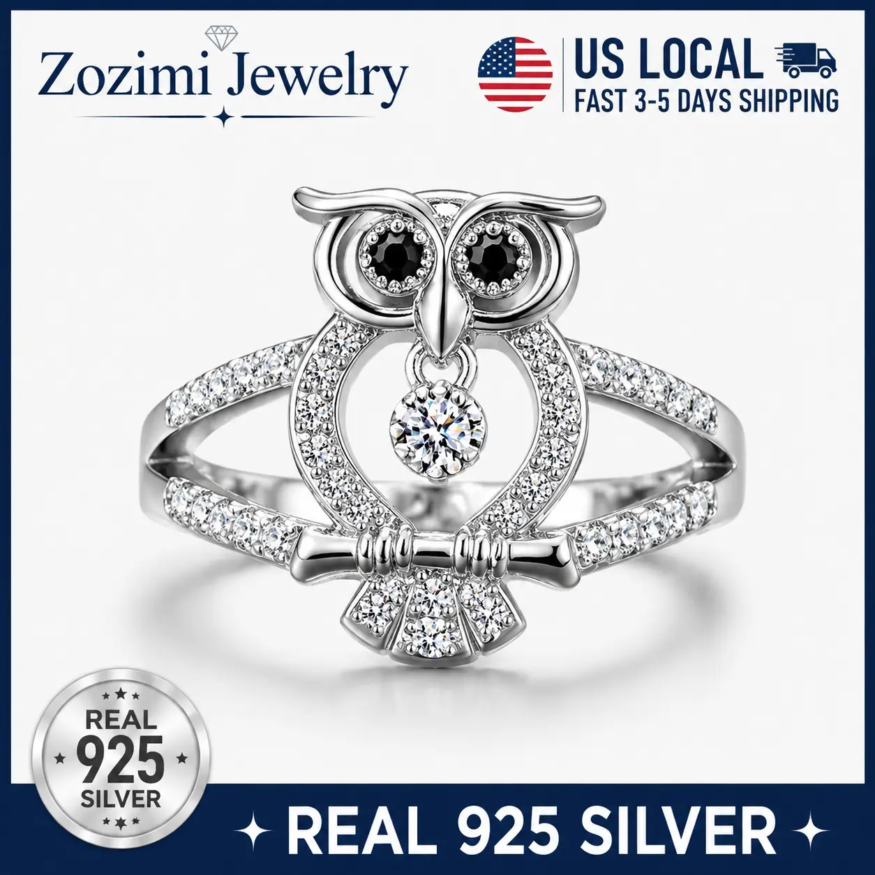 S925 Sterling Silver Hollow Openwork Owl Ring Dangling Floating Clear CZ Black Crystal Eyes Bow Knot Pave Zircon Witchy Wisdom Animal Statement Jewelry Hypoallergenic Elegant Accessory For Women Teen Girls Holiday Birthday Gift For Owl Wildlife Lover