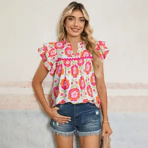 Women's Summer Tops Rose Floral Shirts Ruffled Short Sleeve Blouse Trim Split Neck Loose Fit Fashion Top Fitted with Colorful Floral Design