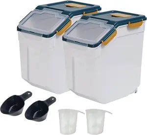Large Flour Storage Container Bin 25lb, 2Pack Airtight Rice Storage Containers with Wheels Seal Locking Lid,  with Measuring Cup&Scoop for Flour, Rice, Grain(Blue)