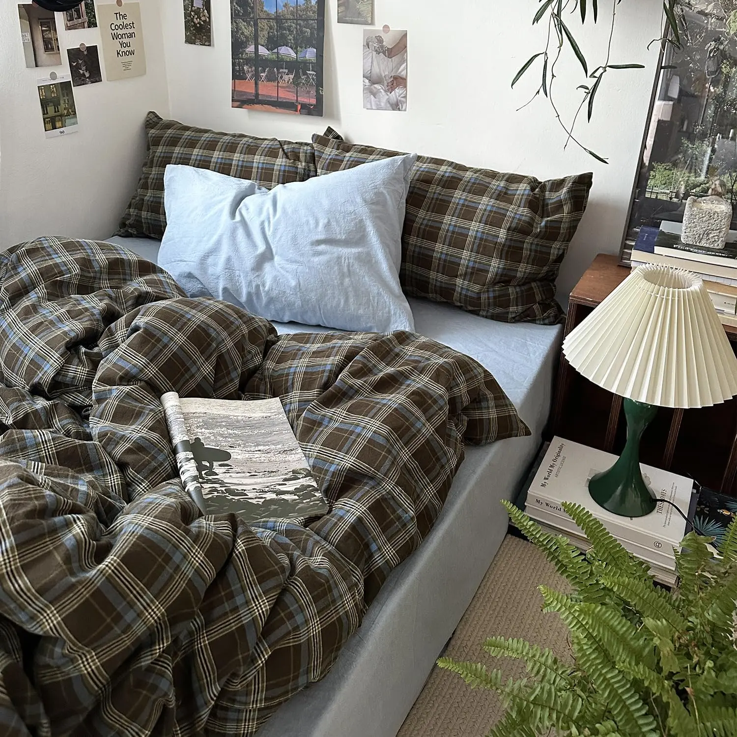 AOJIM Retro Rustic Checkered Brown & Blue Buffalo Plaid Decorative Duvet Cover Set - Twin XL Size 3-Piece Washed Cotton Bedding, Soft Breathable Wrinkle Resistant Machine Washable Covers with Pillowcases, Men's Dorm Room Decor
