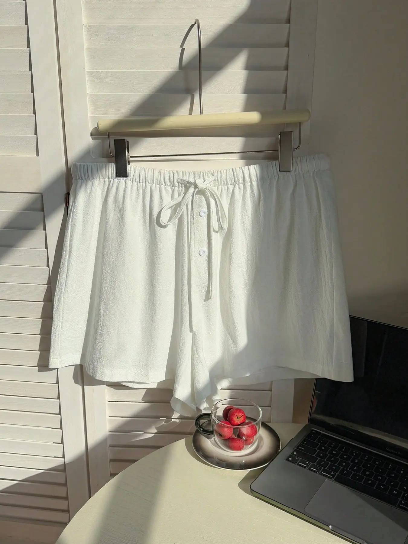 Viral TikTok 2026 White Crinkle Cotton Adjustable Drawstring Elastic Waist Button Detail Loungewear Beach Sleep Casual Breathable Lightweight Comfy Wide Leg, Baggy Shorts Loose Fit Soft Fabric Summer Lounge Pants For Women, Womenswear