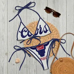 Country Vacation Hawaii C00RS Drinking Print Bikini Set, #coors Beer Lover String Swimwear, Women's Summer Bikinis Set, Beach Vibe Swimsuit, Gift for Her, Perfect Pool Party Outfit, Trendy Halter Neck, Sexy Two-piece
