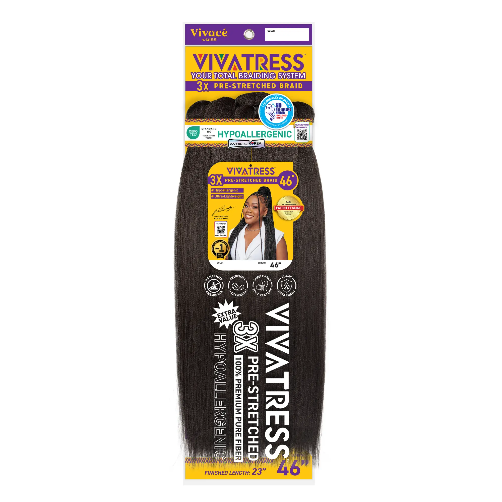 VIVATRESS Pre-Stretched Braiding Hair - 46" Premium Synthetic Yaki Fiber, Tangle Resistant, Ultra Lightweight, Non-Toxic & Hypoallergenic for Protective Styles