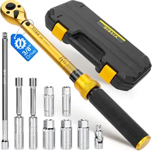 10PCS Magnetic Spark Plug Socket Set with Torque Wrench 3/8 Drive, 10-45 FT.LB (13.5-61Nm), Spark Plug Socket Set with Torque Wrench, Includes 14, 16, 18 mm & 9/16, 5/8, 3/4, 13/16 Inch Socket