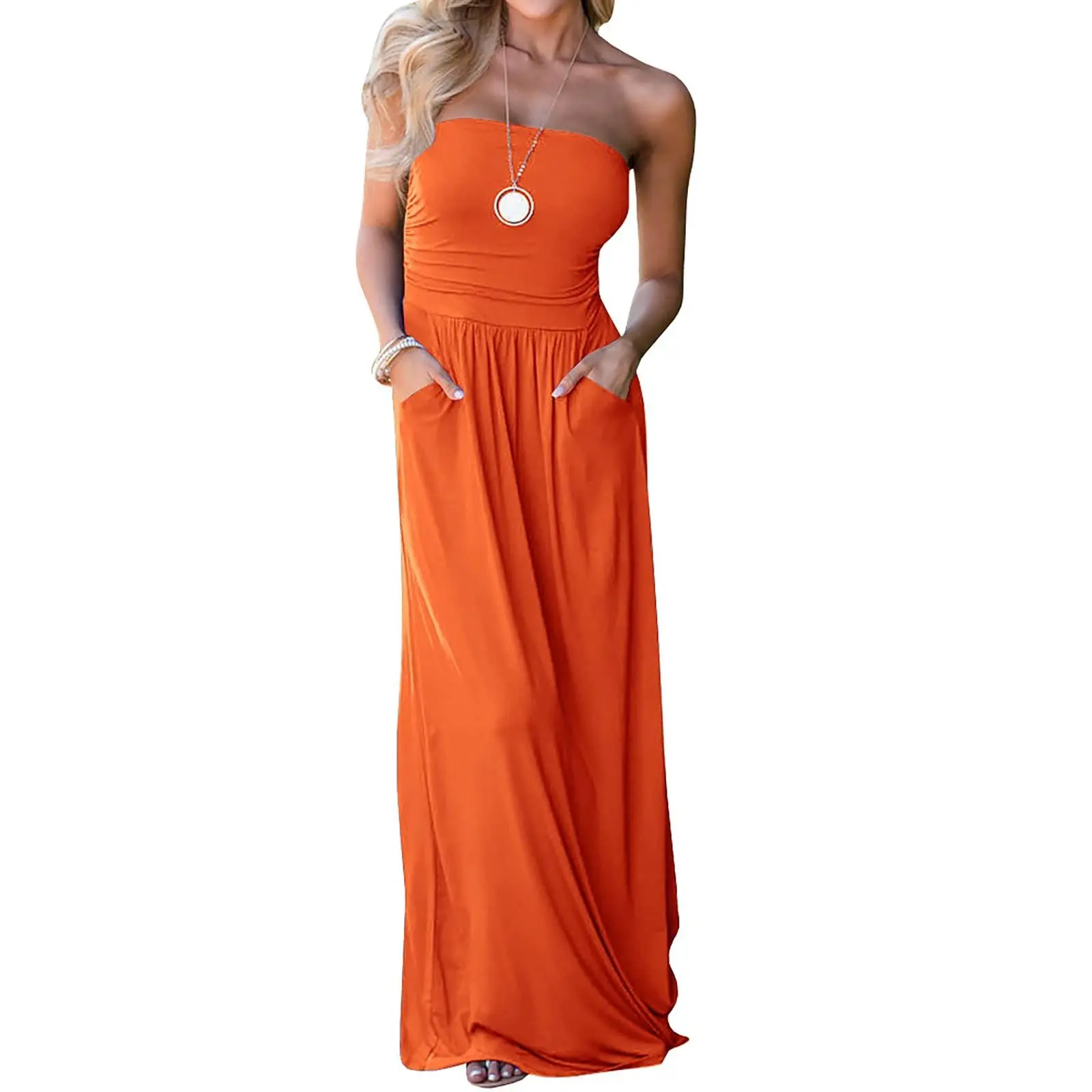 Imily Bela Womens Off The Shoulder Maxi Dresses Summer Strapless Bandeau Long Dress with Pocket