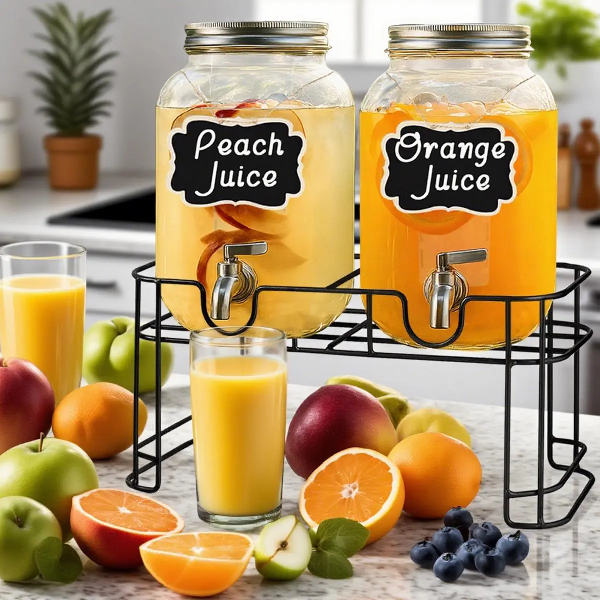 2-Pack 1 Gal Glass Drink Dispenser with Stainless Steel Tap & Stand, Cold Beverage Holder for Water, Juice, Home Use, Decorative Labels Included (Cups Not Included)