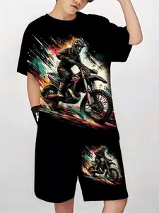 Boys Girls Summer Short Sleeve Motorcycle T-Shirt Set, Athletic Outfit, Cycling for Kids, Mountain Bike Sportswear, All over Print