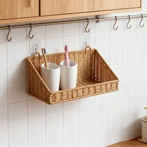 2pcs (L+S) Plastic Imitation Rattan Woven Wall Hanging Baskets, Wall-Mounted Storage Basket for Bathroom, Kitchen, Bedroom & Living Room Decor, Perfect for Organizing Mugs, Cups & More, Shelf Baskets