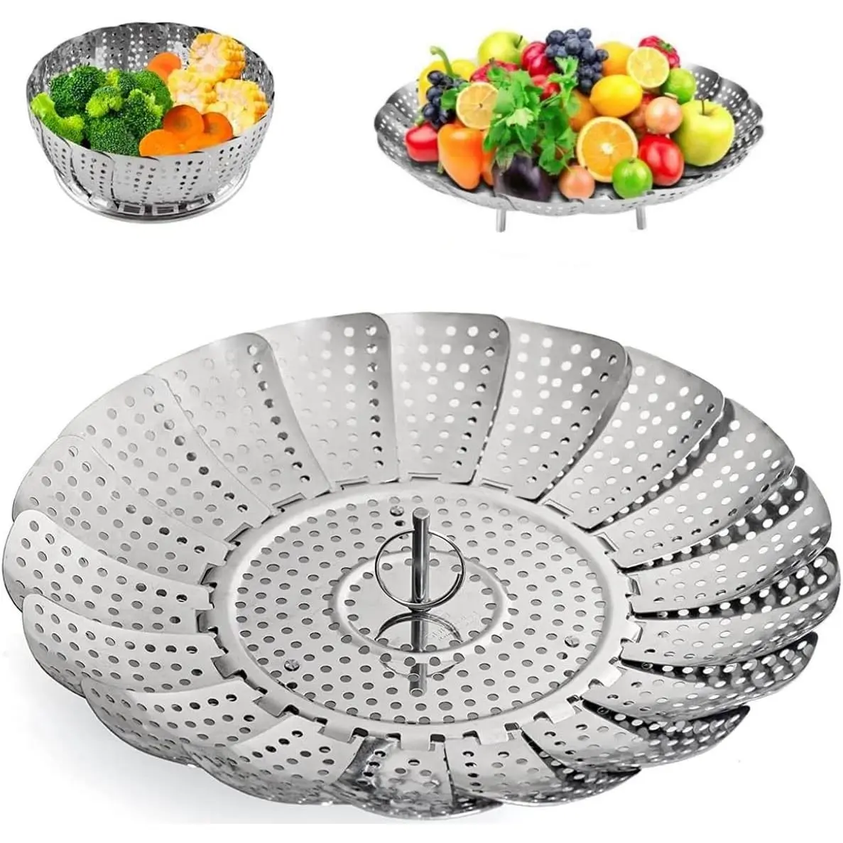 Food Grade Adjustable Foldable Round Stainless Steel Steamer Basket (5.5"-9.3") - Durable, Heat Resistant, Holed Surface Kitchen Rack for Multi-Size Pots, Removable & Retractable, Steams Veggies, Doubles as Serving Bowl, Retains 90%+ Nutrients